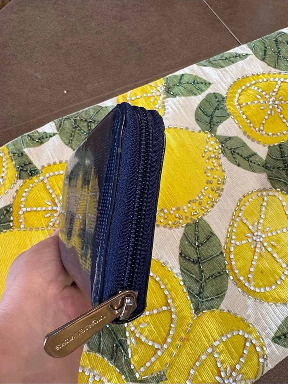Michael Kors Navy Patent Logo Zip-Around Wallet with Gold Plaque